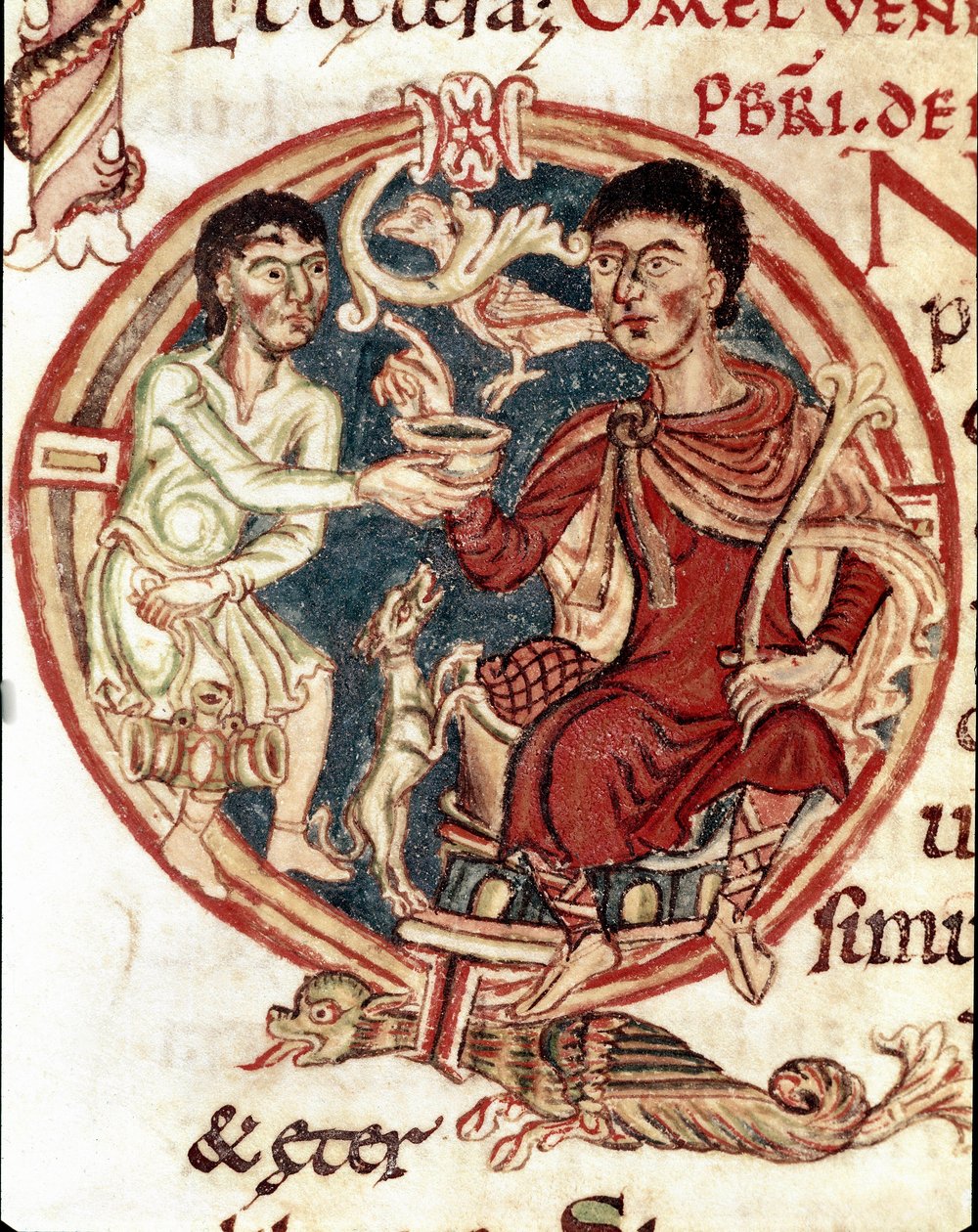 “Lectionaire de la Cathedrale de Reims”ten lorda içmeye hizmet eden bir hizmetçi Minyatür 11. yüzyıl Reims, belediye kütüphanesi by Unknown artist
