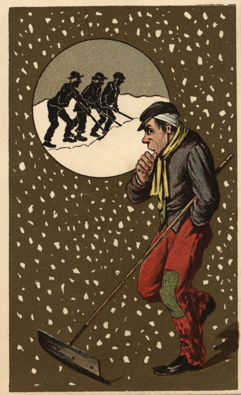 Kürekle bir kar toplayıcı. Anonim kromolitografi, 19. yüzyılın sonlarında. by Unknown artist