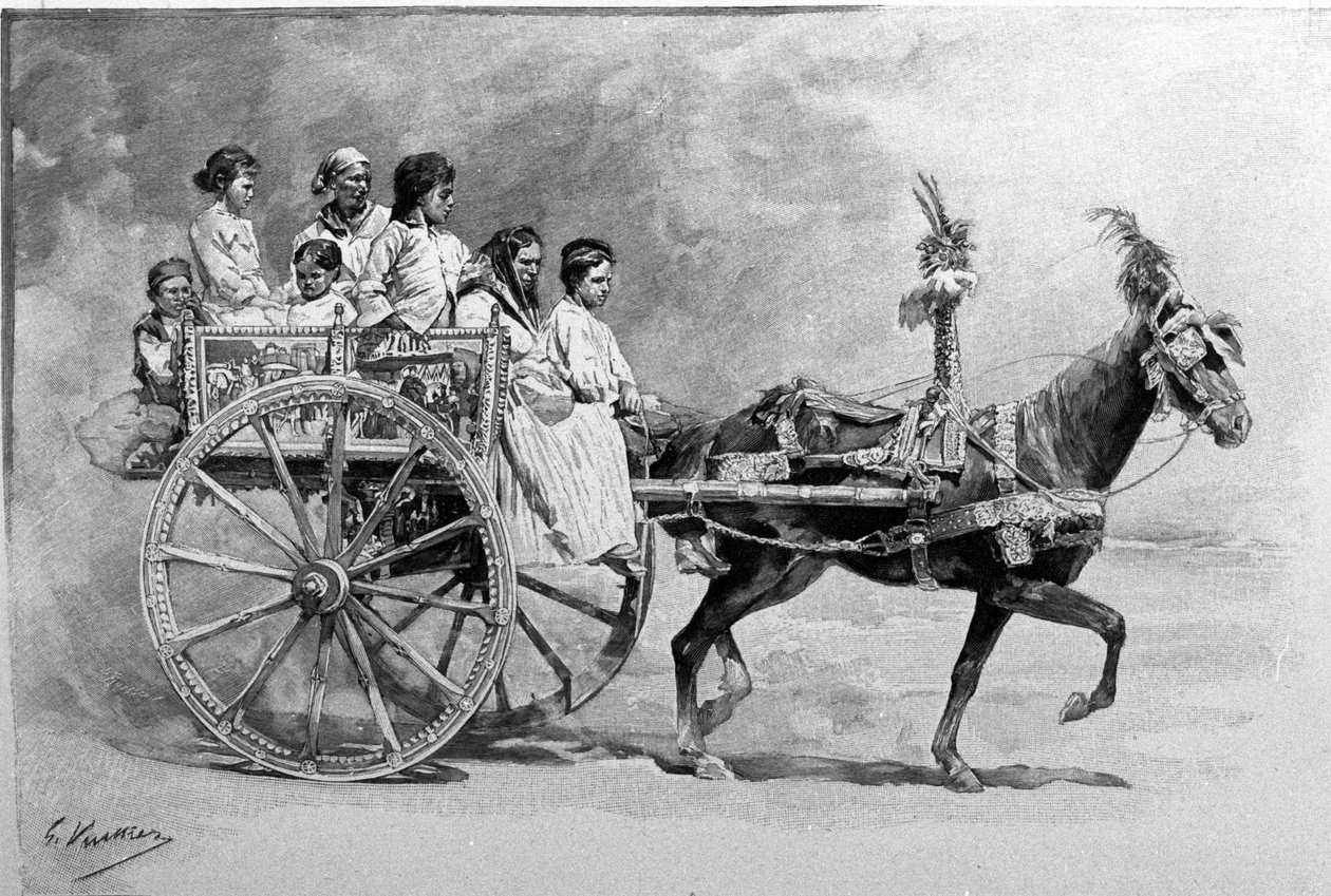 Geleneksel bir Sicilya arabası. 19. yüzyıl gravürü by Unknown artist