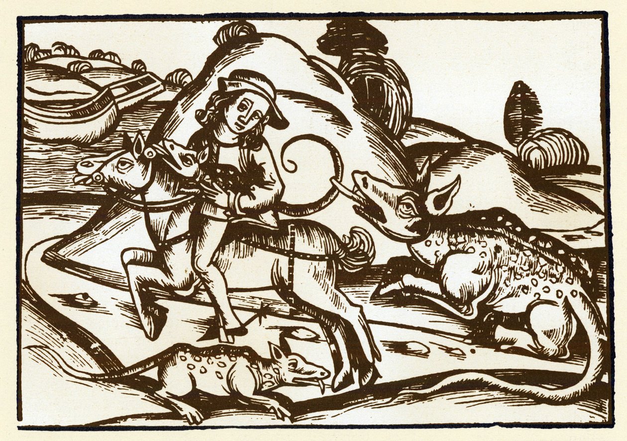 Bir gezgin, Bazilika görünümünde iki canavar kaplanla tanışır. Esope masalları (gravür, 15. yüzyıl sonu) by Unknown artist