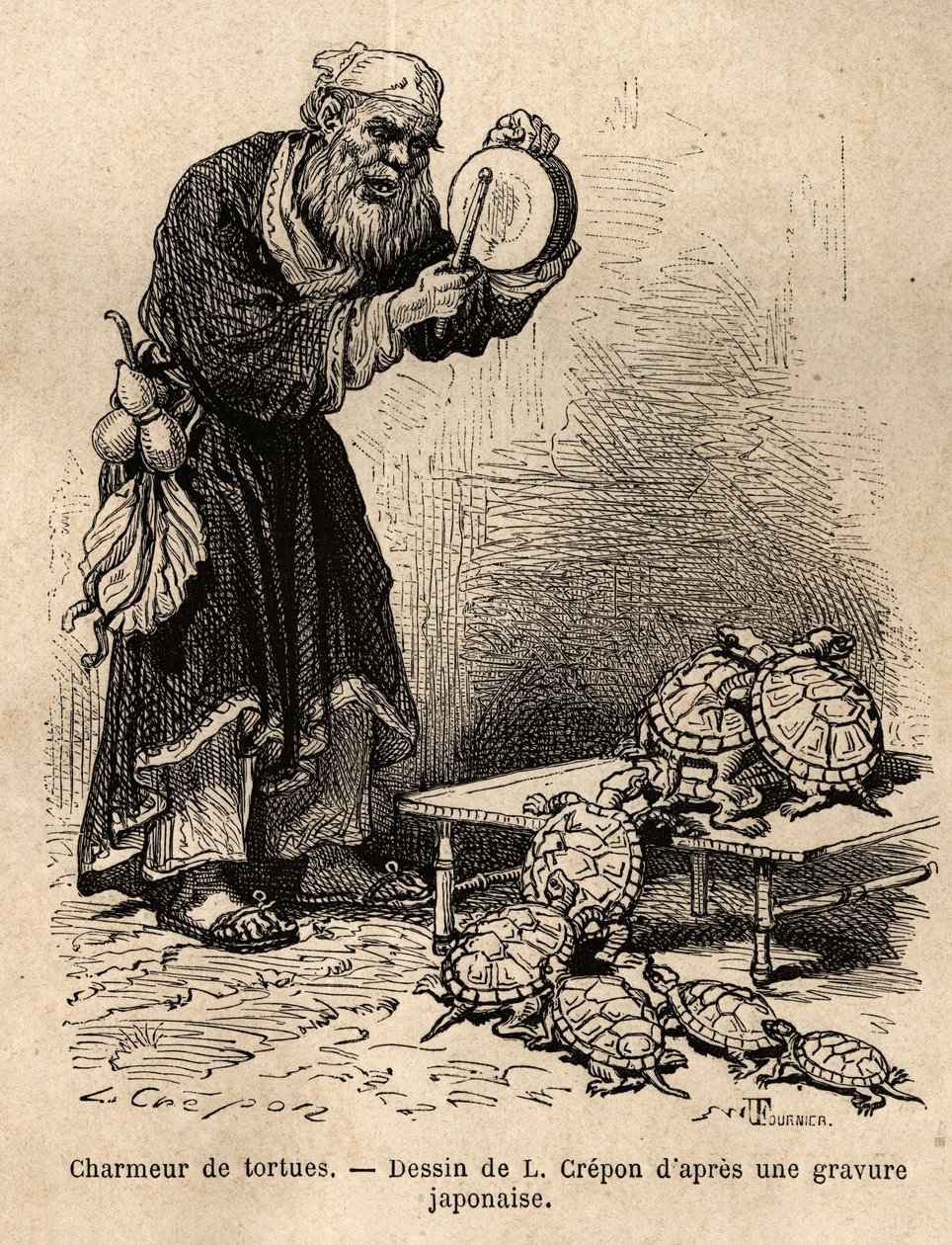 Dilenciler ve peri şarlatanları arasındaki ara reçele ait bir kaplumbağa oynatıcısı. 1863-1864