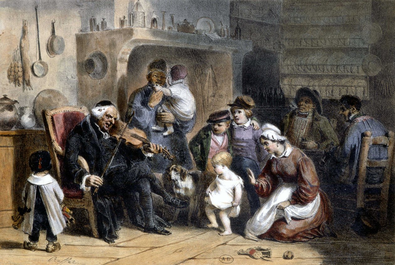 Nöbet: Aile, keman çalan bir rahibin etrafında toplandı. 19. yüzyıl. by Unknown artist