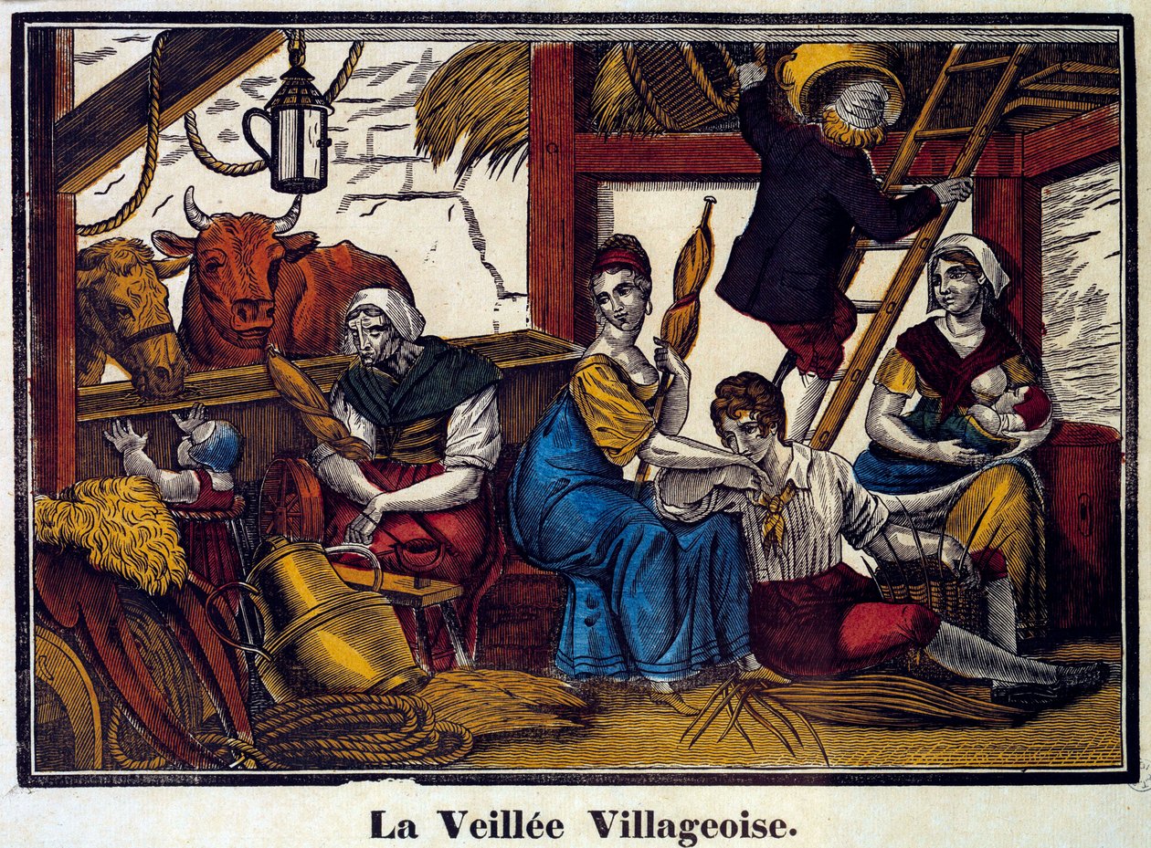 Bir köy gece hayatı: bir ahırda bir köylü ailesi. 19. yüzyılın gravürü. Paris, B.N. by Unknown artist