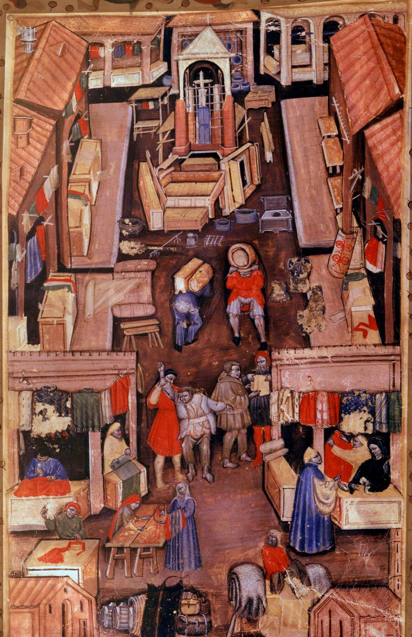 Yürüyüş: Bir Fransız kasabasında kumaşçılar, terziler, giyim satıcıları. En üstte, 15. yüzyıldan kalma bir el yazması Paris, B.N. by Unknown artist