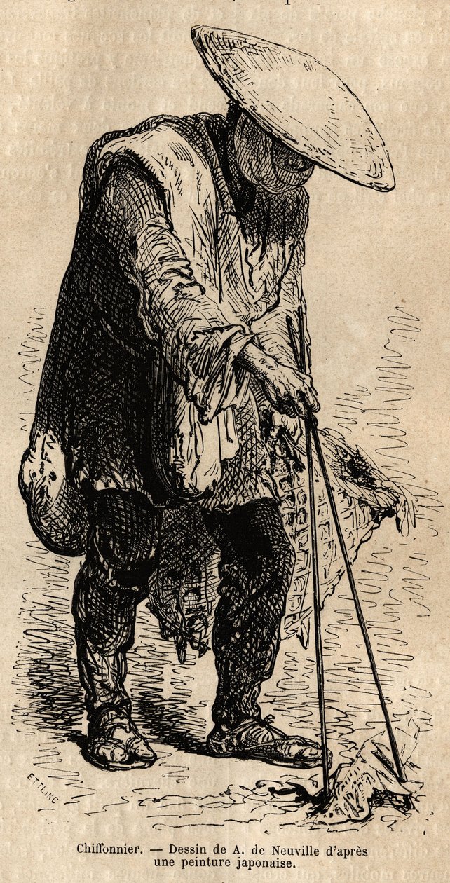 Yürüyen bir bez, uzun çubuklar kullanarak sepetine koyduğu paçavraları bir toptancıya satmadan önce alır. 1863-1864