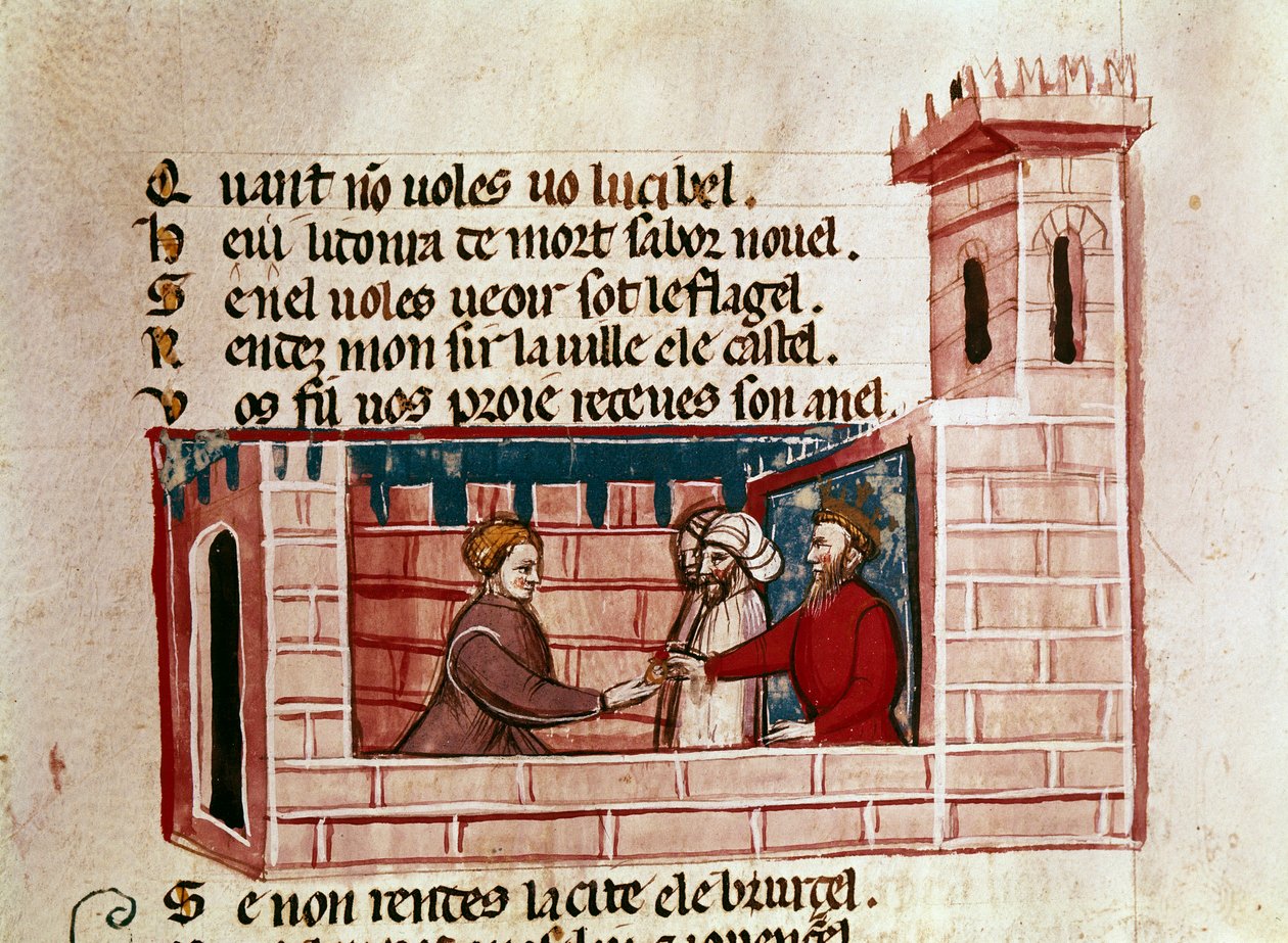 Bir kadın bir şatoda bir kralla tanışır ve ona “İspanya Girişi”nden Minyatür bir hediye sunar. 14. yüzyıl Venedik, Biblioteca Marciana. by Unknown artist