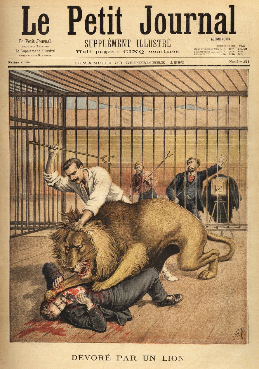Aslanın kafesinde fotoğraf çektirmek isteyen genç, terbiyecinin aslanı tutma çabalarına rağmen yutulur. “” Le petit Journal” da gravür 29/09/1895. Selva
