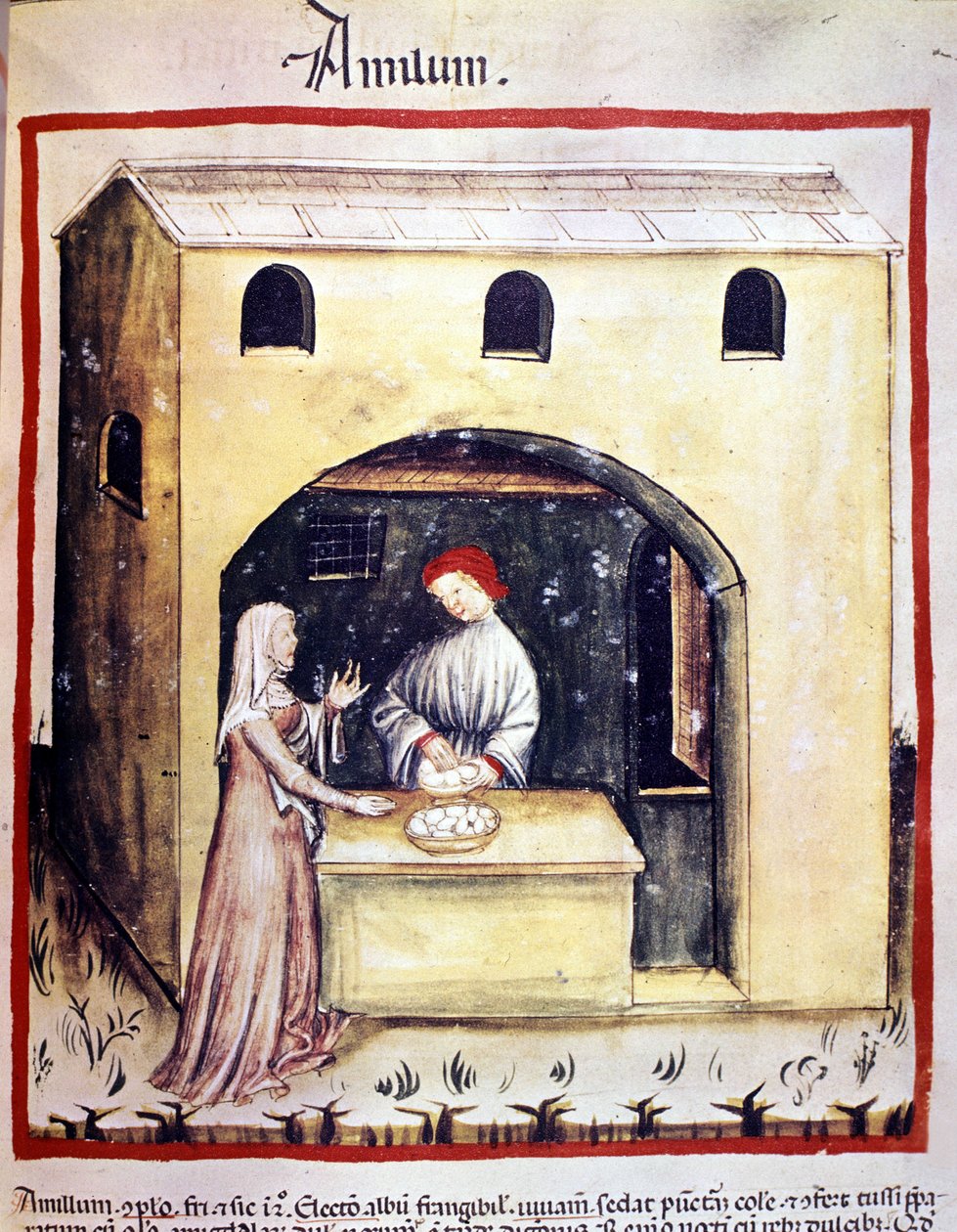 Genç bir kadın bir tüccardan yumurta satın alıyor. İlaç ve diyetetik sağımlarından aydınlatma “” Tacuinum sanitatis”” by Unknown artist