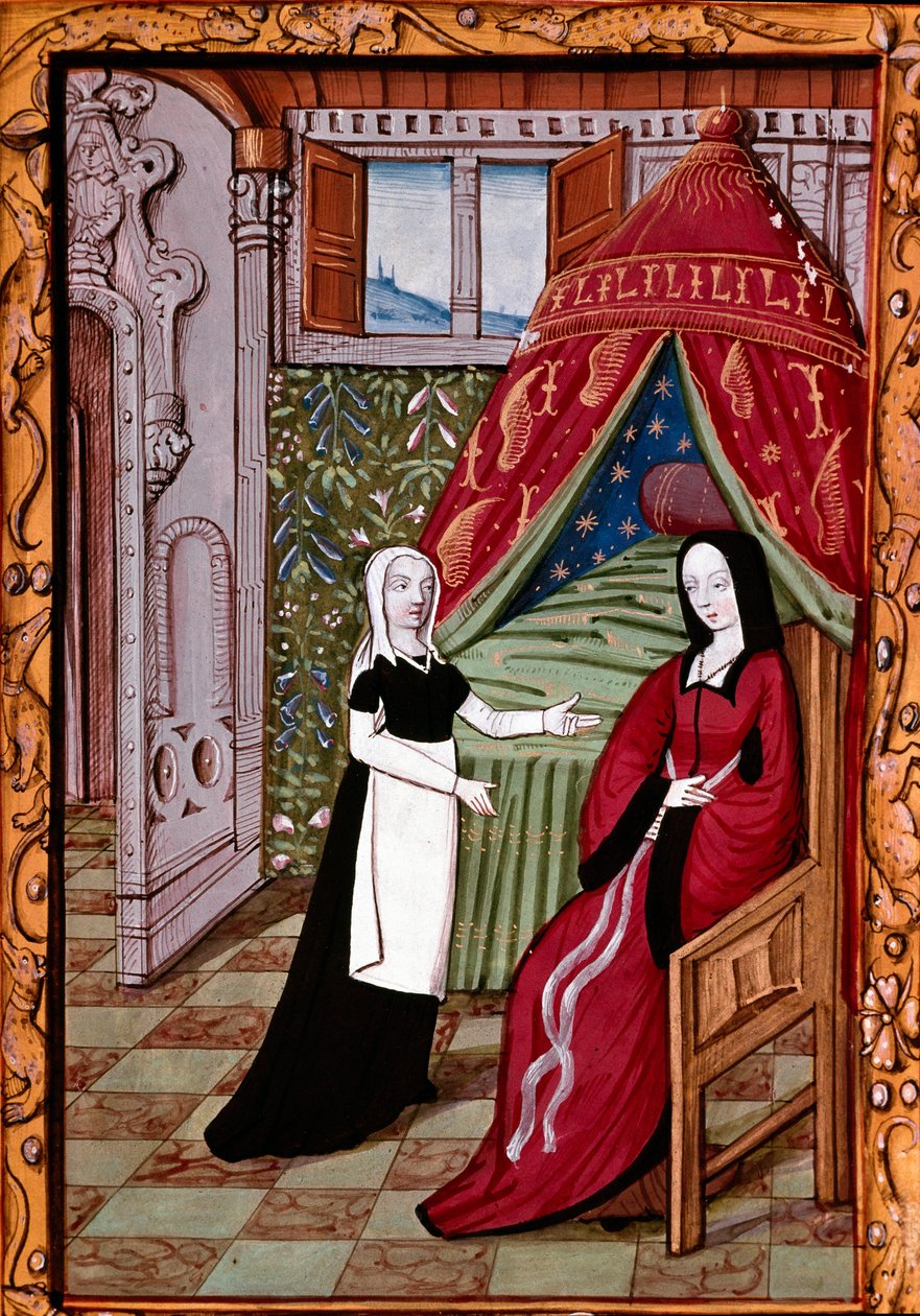 Genç bir kadın muhtemelen Louise Laval (öldü 1480) Minyatür hizmetçisiyle yatak odasında “” Histoire de Jean III de Brush et de sa femme Louise de Laval”” (ms. 1475, fol. 10r) Chantilly, musee Conde by Unknown artist