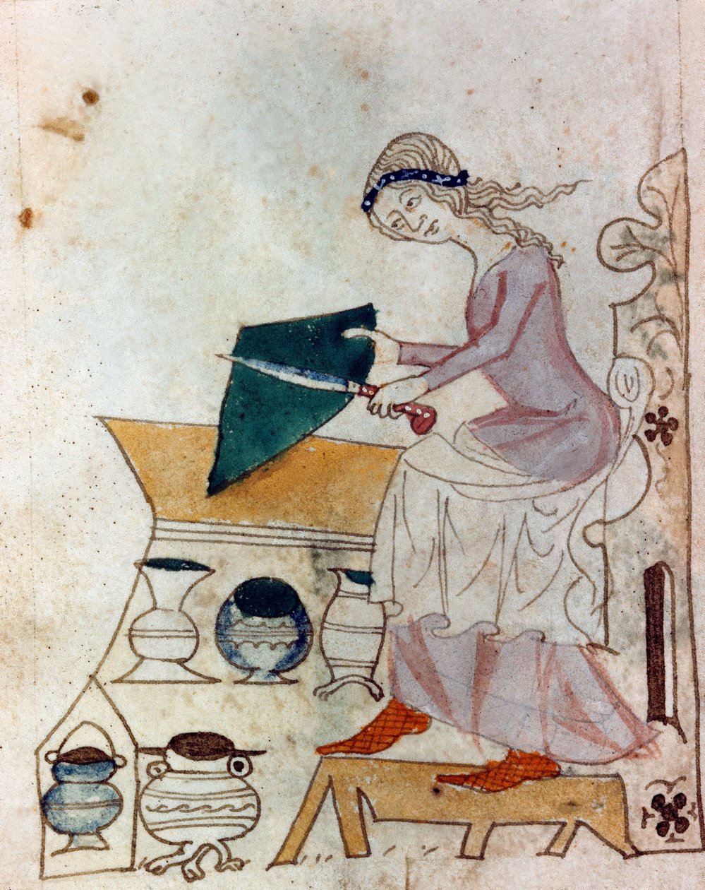 Bıçak bileyen genç bir kadın. Minyatür “” Dis des philosophes” (MS Palat. 586) 14. yüzyıl Biblioteca Nazionale Florence türündeki Provence el yazmasından alınmıştır. by Unknown artist