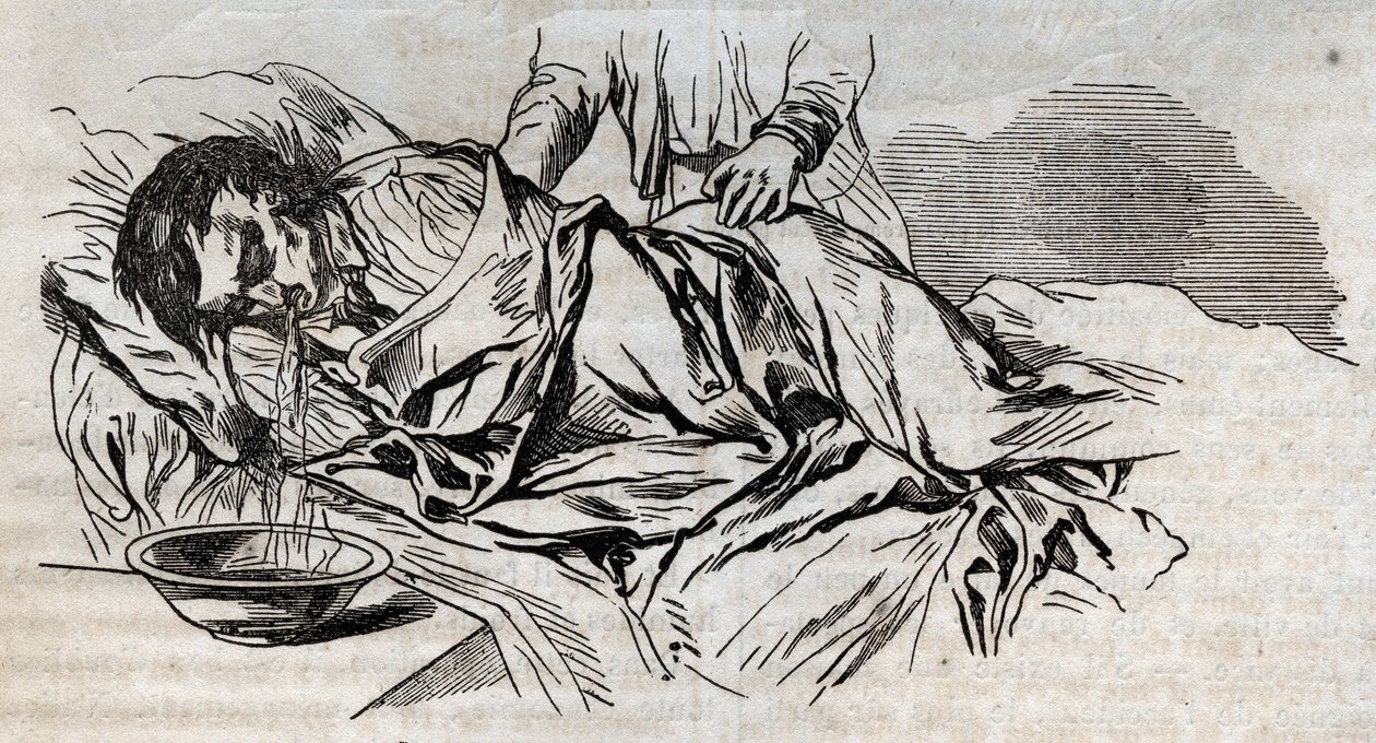 Kaza ilacı - boğulan insanlara verilecek en etkili rahatlama - yan taraftaki ceviz bezleri ve içtiği suyu kustu - “La Sante Universelle - Guide Medical des Familles” 1852