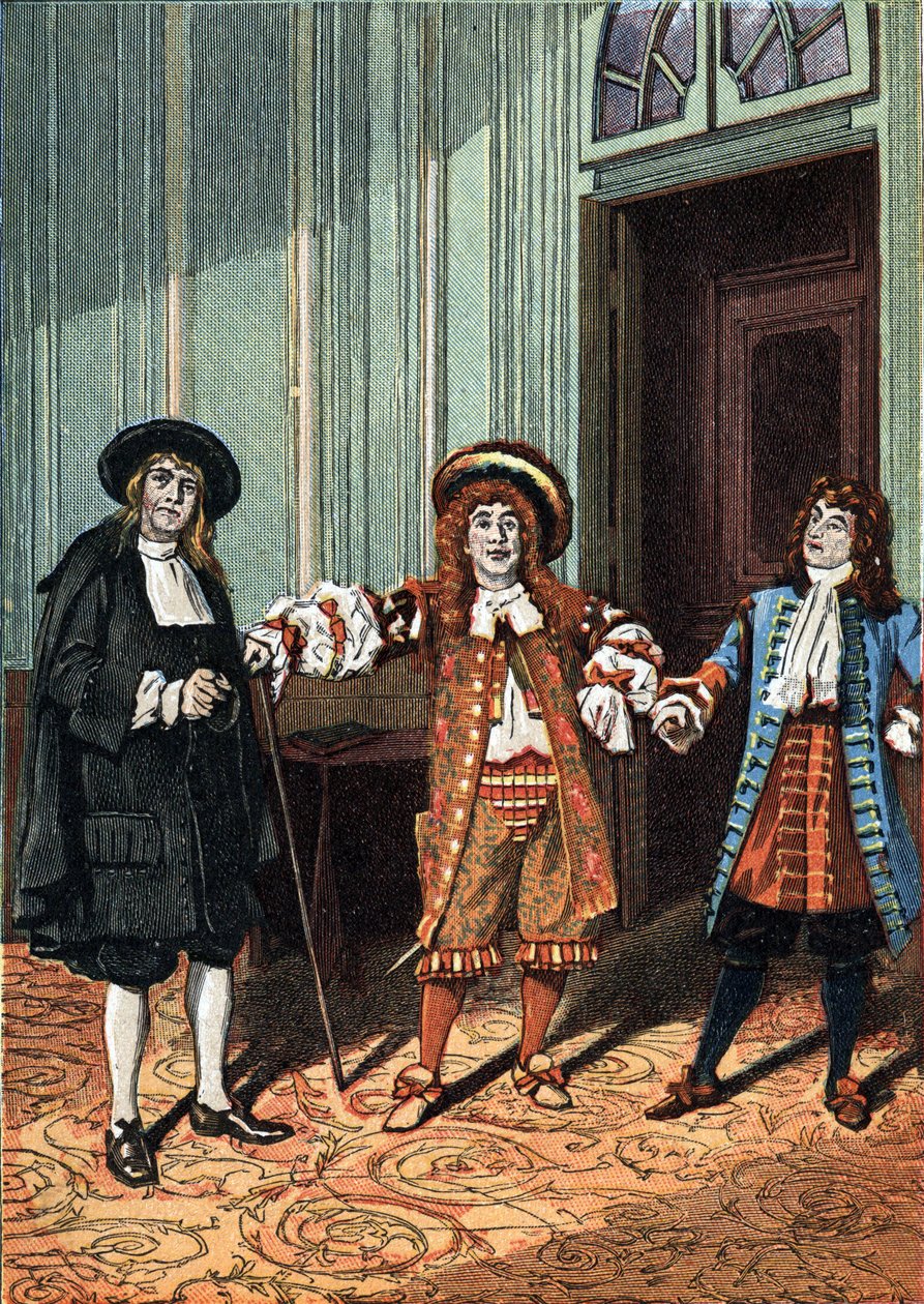 Moliere tarafından düzyazı olarak beş perdelik “Le Bourgeois Gentilhomme” komedi-balesinin II. Perdesi. Usta filozof (Bay Lenoir), dans ustası (Bay Truffier), Bay Jourdain (Bay Coquelin genç). 1890 civarında. by Unknown artist