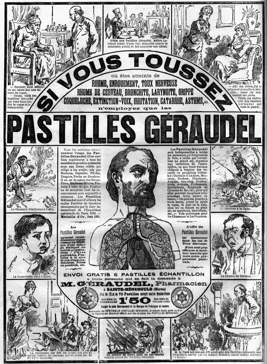 Eczacı Arthur Geraudel (1841-1906) tarafından öksürüğe karşı bir Sainte-Menehould (Sainte Menehould) tarafından Geraudel tabletleri için reklam. “Le monde şanlı” üzerine gravür by Unknown artist