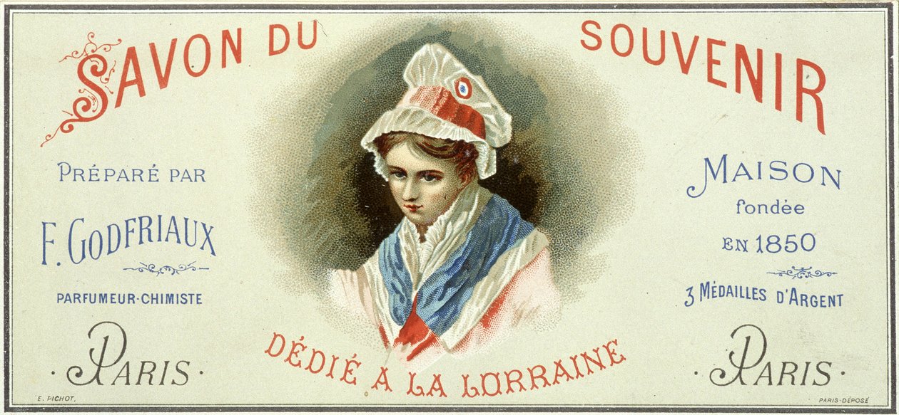 “F. Godfriaux - Maison tarafından 1850 yılında kurulan Soap du hatıra”nın reklam etiketi. Kromolitografi 19. yüzyıl. by Unknown artist