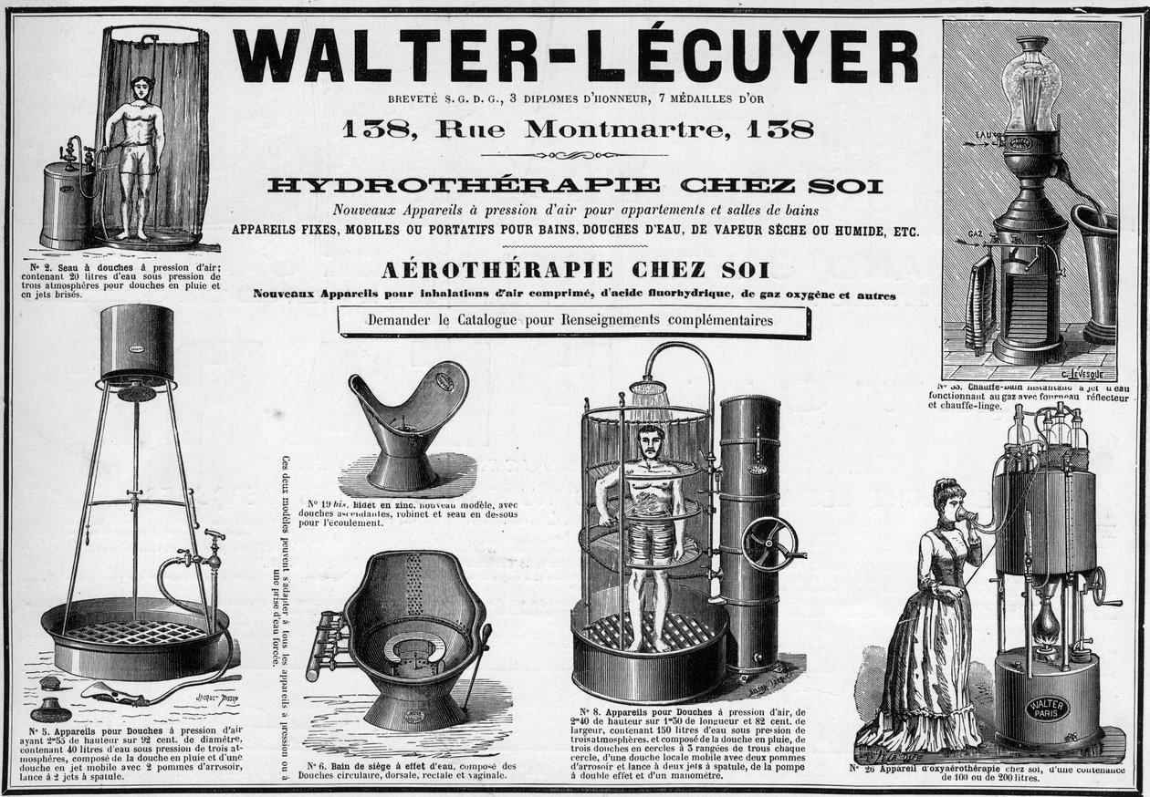 Banyolar, su duşları, kuru veya ıslak buhar, bide, marka Walter-Lecuyer (Walter Lecuyer) için mobil armatürler için 1889 reklamı. by Unknown artist
