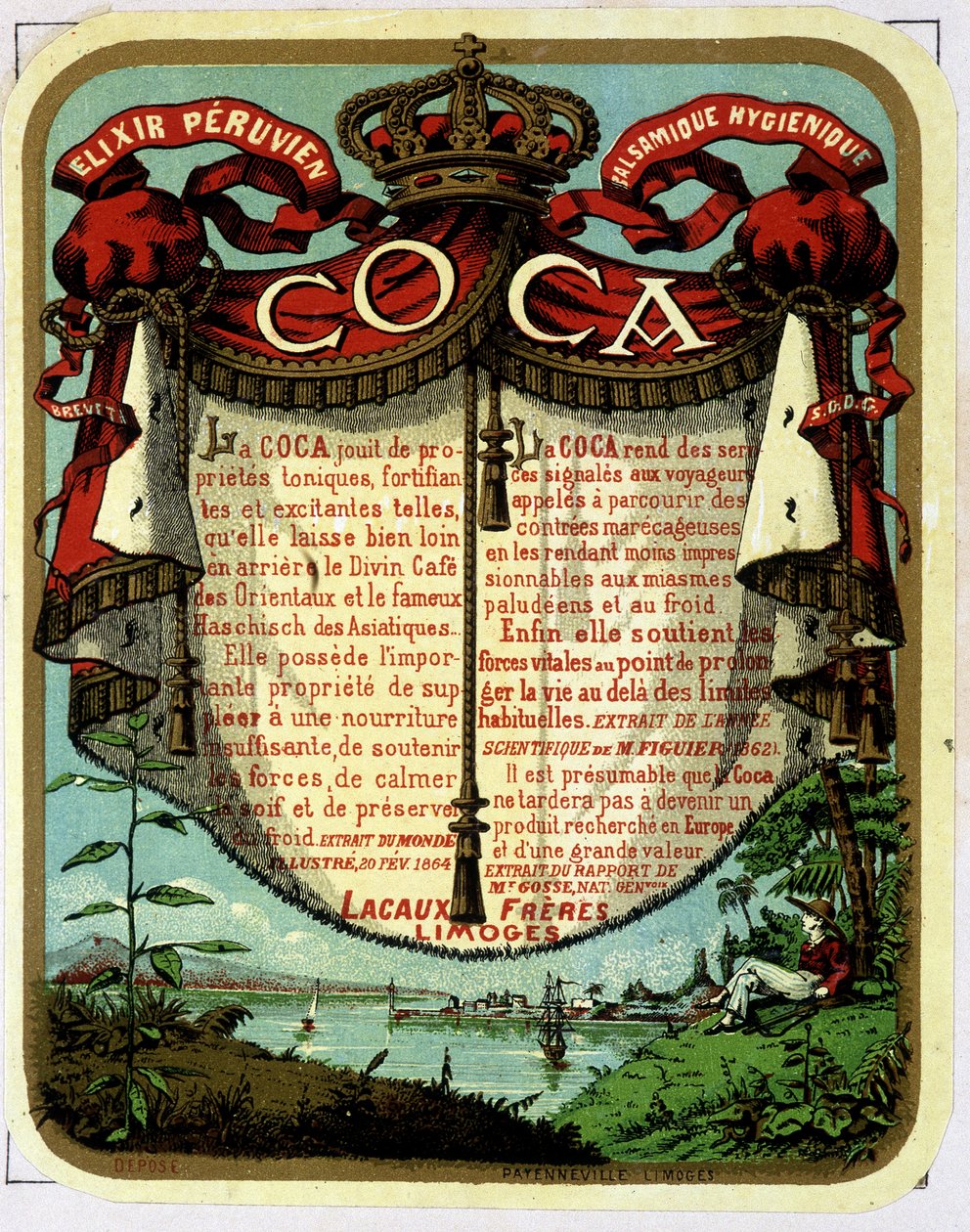 Koka reklamı (kokainden elde edilen ürün): “”Peru Balzamik Hijyenik Exilir COCA””, 19. yüzyıl kromolitografisi. by Unknown artist