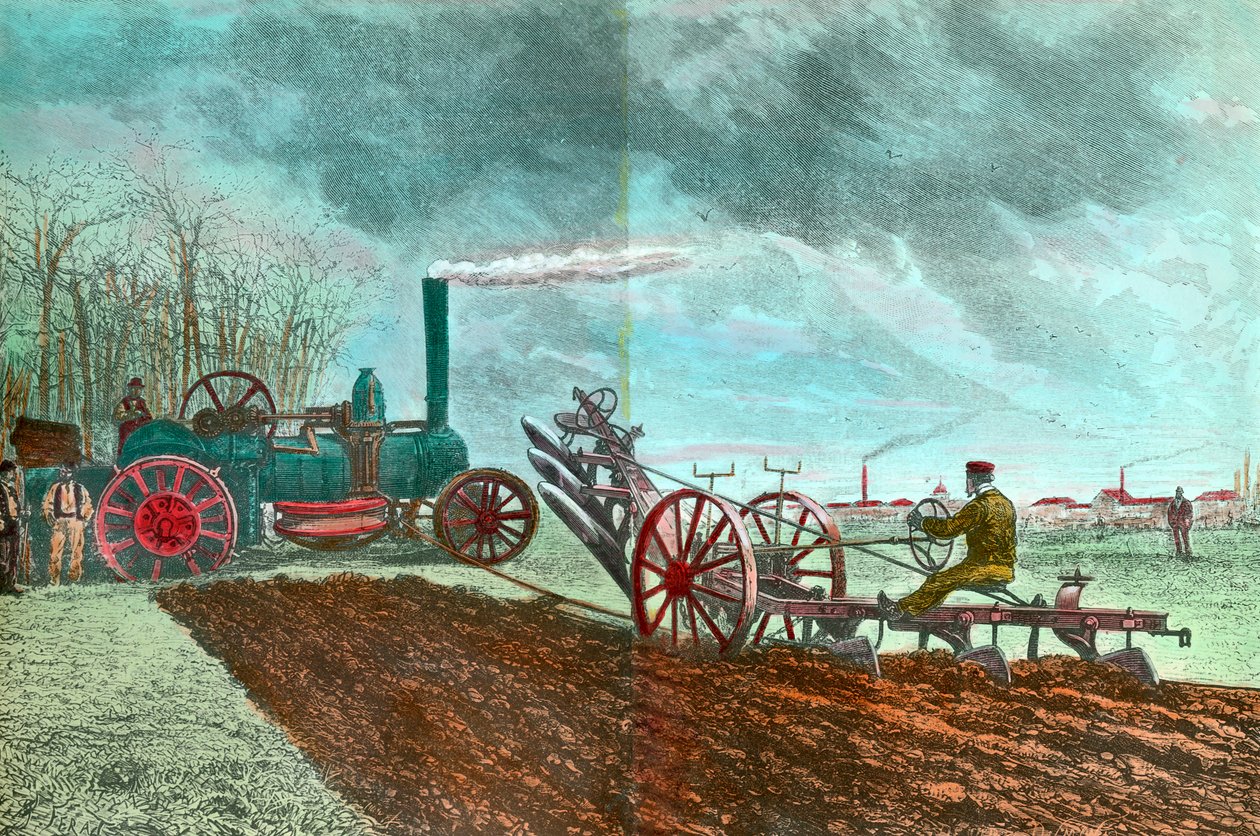 Tarımsal çalışma ve ilerleme: buharlı çiftçilik. 19. yüzyıl özel koleksiyonunun gravürü by Unknown artist