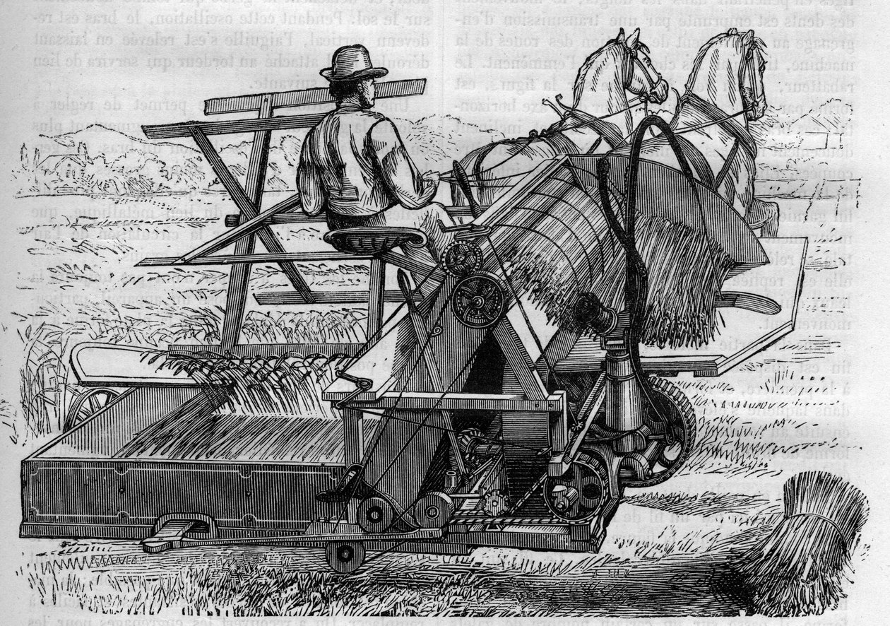 Tarım ve tarım makineleri: atlar tarafından çekilen ve tarlalardaki taş demetlerini otomatik olarak bağlayan yeni bir biçerdöver. “” La Nature” da gravür by Unknown artist