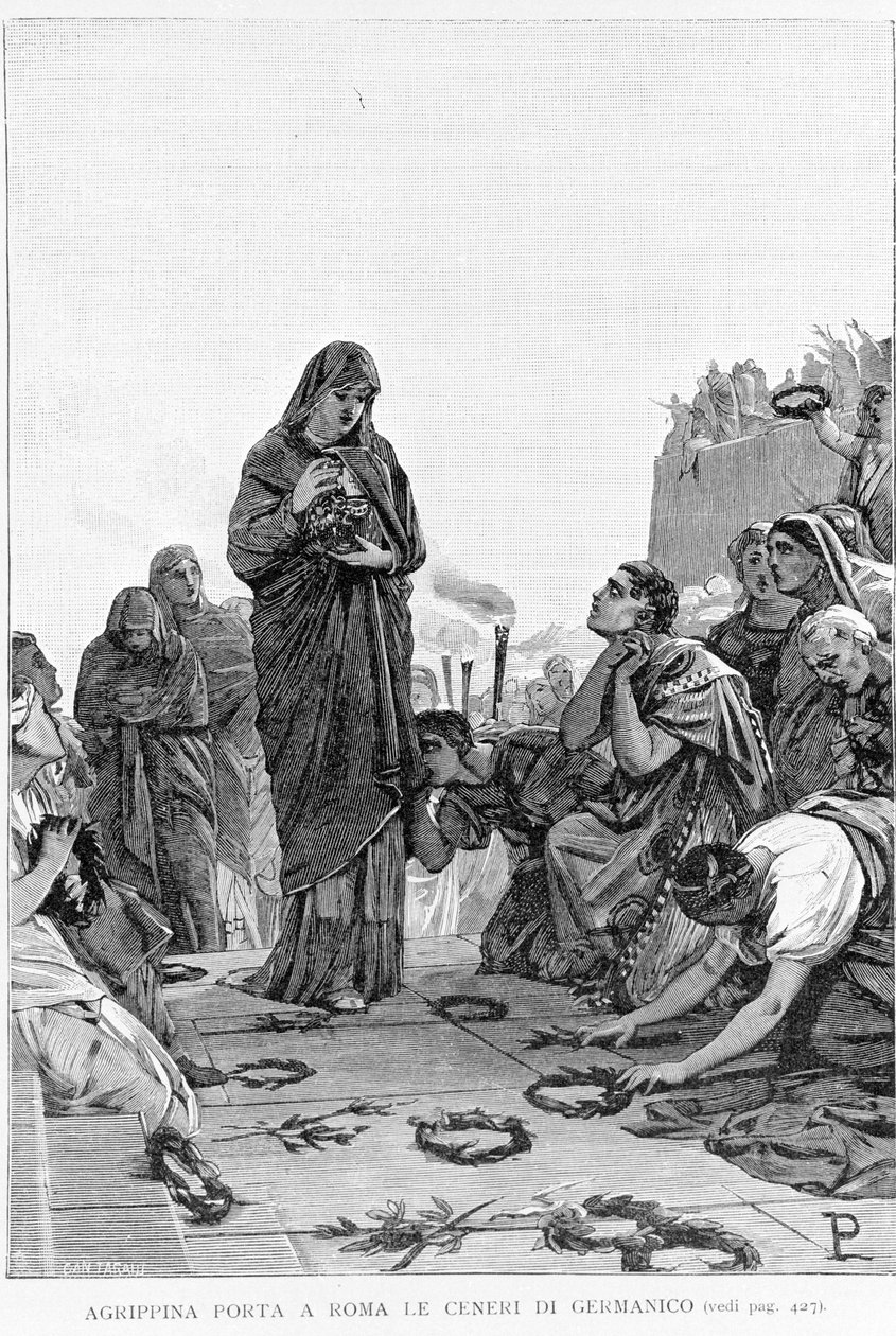 Yaşlı Agrippine (MÖ 14 - 33), ölümü için Tiberius'tan adalet araması için kocası Germanicus'un küllerini Roma'ya getirir. by Unknown artist