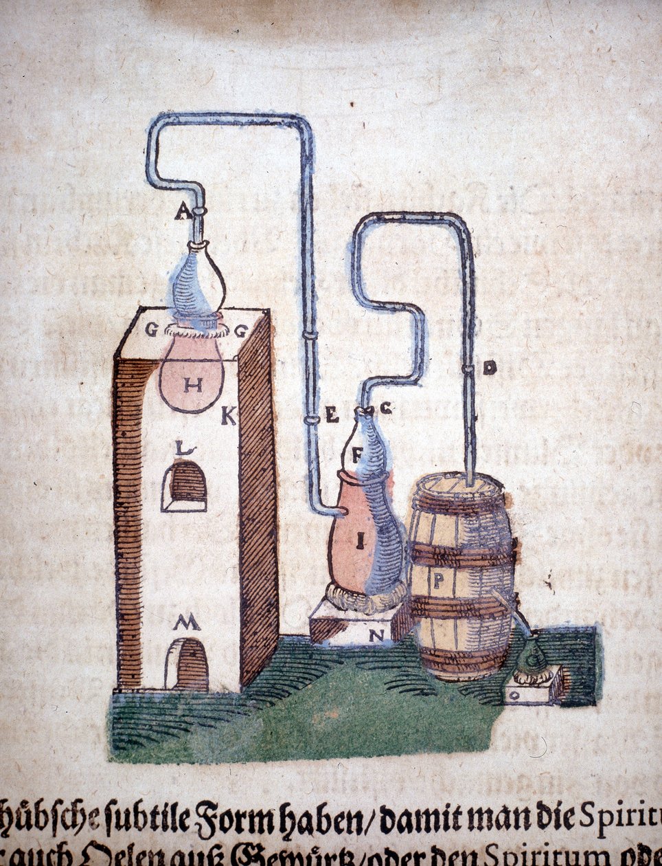 Simya: Pietro Andrea Mattioli (Matthiole) (1500-1577) tarafından yazılan bir kitaptan alınan damıtma aygıtı. Frankfurt by Unknown artist