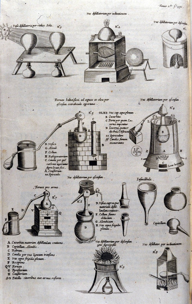 Simya: damıtma aparatının ve damıtıcıların farklı modellerini temsil eden tahta. Athanase Kircher (veya Athanasius Kircheri 1602-1680), Alman Jesuite. 17. yüzyıl gravürü. by Unknown artist