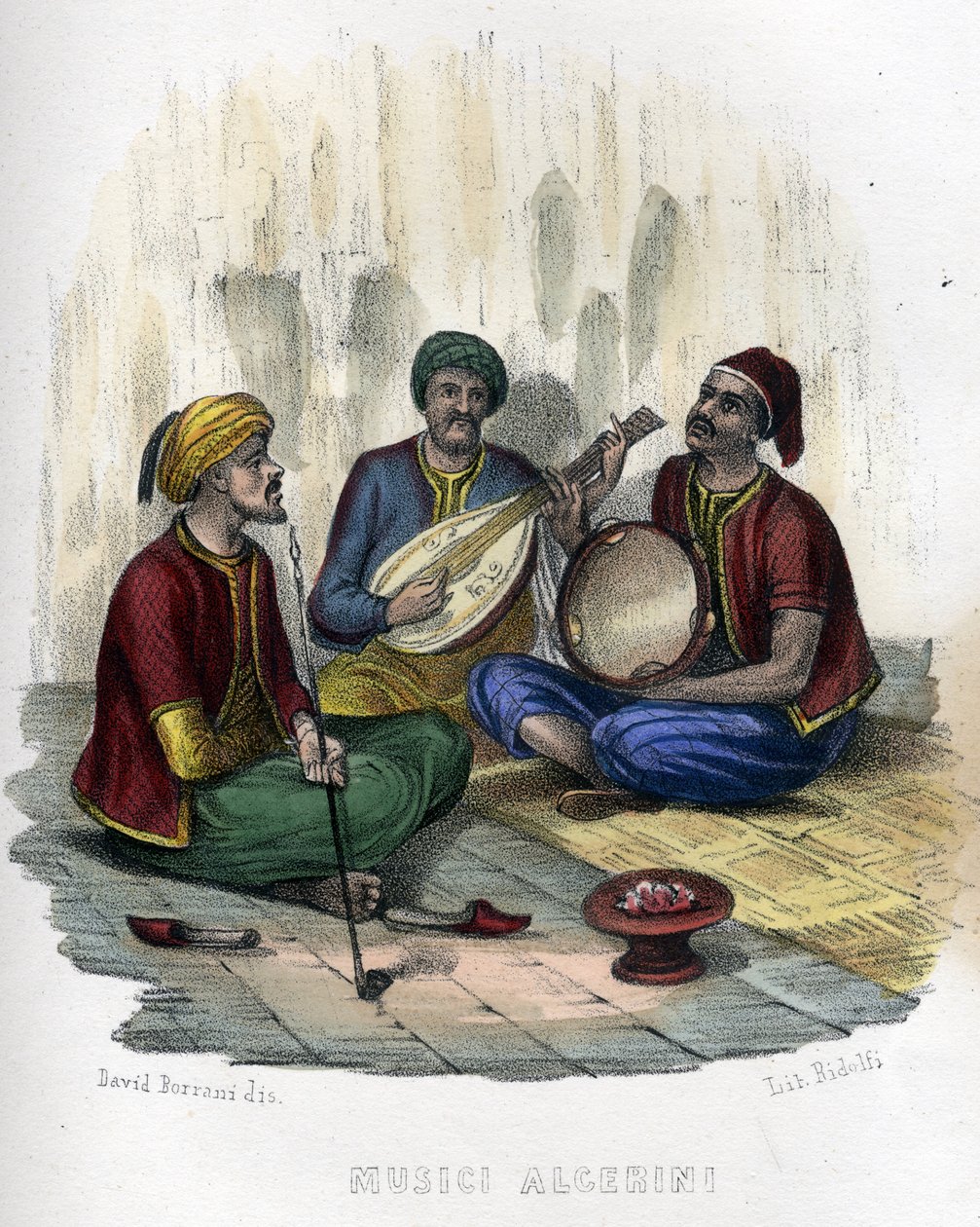 Cezayirli müzisyenler. Léon Galibert tarafından “Antik ve modern Cezayir”de. 1846 renginde İtalyan baskısı. by Unknown artist