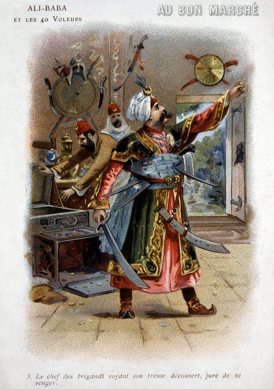 Ali - Baba (Ali Baba) ve 40 Hırsız (Binbir Gece Masalları): Hırsızların reisi, hazinesinin ortaya çıktığını görünce intikam yemini ediyor - "İyi Yürüyüş" kartonu, 19. yüzyıl sonu by Unknown artist