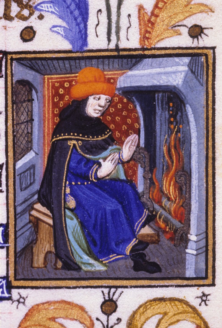 Şubat ayının alegorik temsili. Bir adam şöminesinin önünde ısınır. 14. yüzyıldan kalma bir el yazmasının minyatürü. by Unknown artist