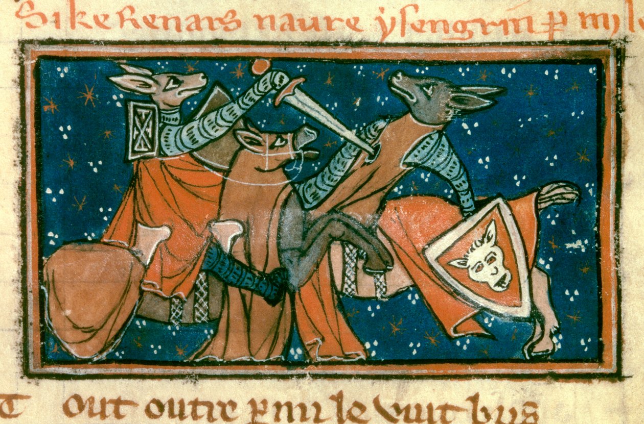 Orta Çağ toplumu hakkında alegori: “Tilki Isengrin'i tekil bir savaşta yaralar””. Jacquemart Gielee'nin "The Roman De Renart Le Nouvel" adlı el yazmasından minyatür by Unknown artist