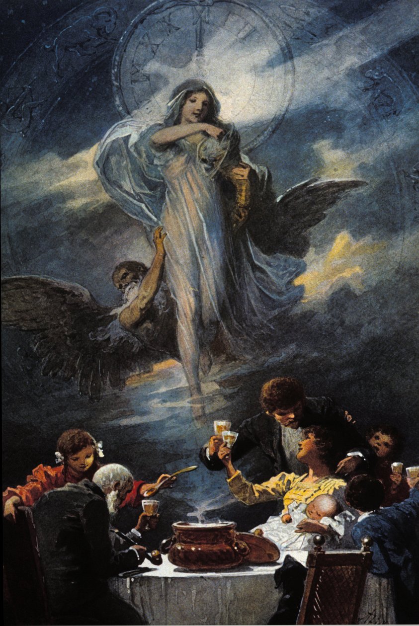 Noel Arifesi ve Yılbaşı Gecesi yemeğinin alegorisi. 1889 by Unknown artist