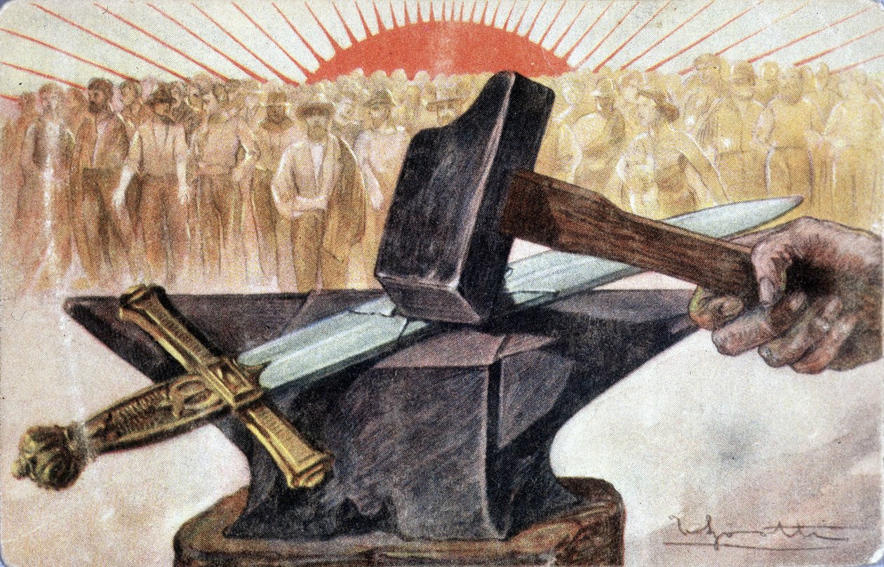 İşçi sembolleriyle (örs ve çekiç) sosyalizm alegorisi. by Unknown artist