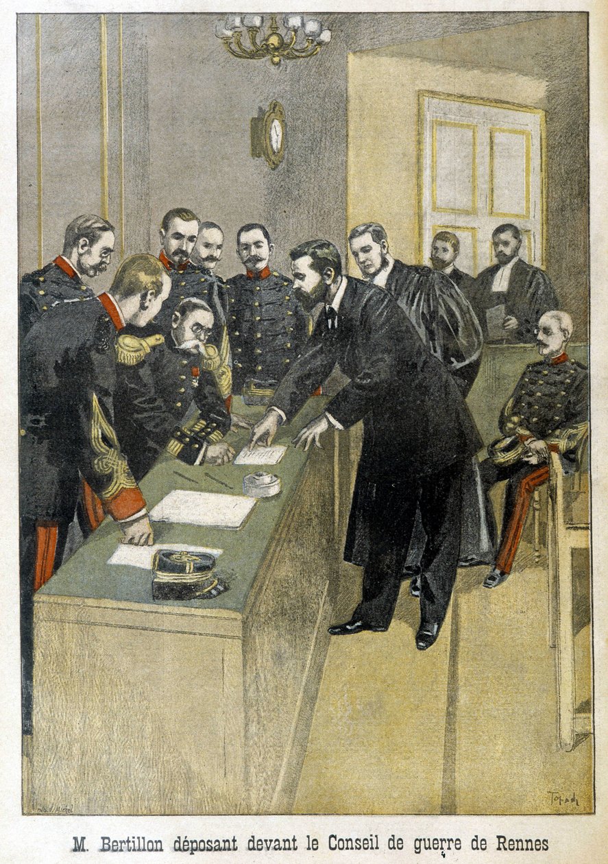 Alphonse Bertillon, Rennes Savaşı Konseyi huzurunda tanıklık yapıyor (Dreyfus davası) - “” Le Petite Journal”da by Unknown artist