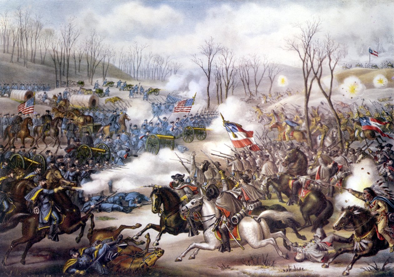 Amerikan İç Savaşı (1861 - 1865): Pea Ridge veya Elkhorn Tavern (Arkansas) Muharebesi 06 - 08 Mart 1862. 19. yüzyılın gravürü. by Unknown artist