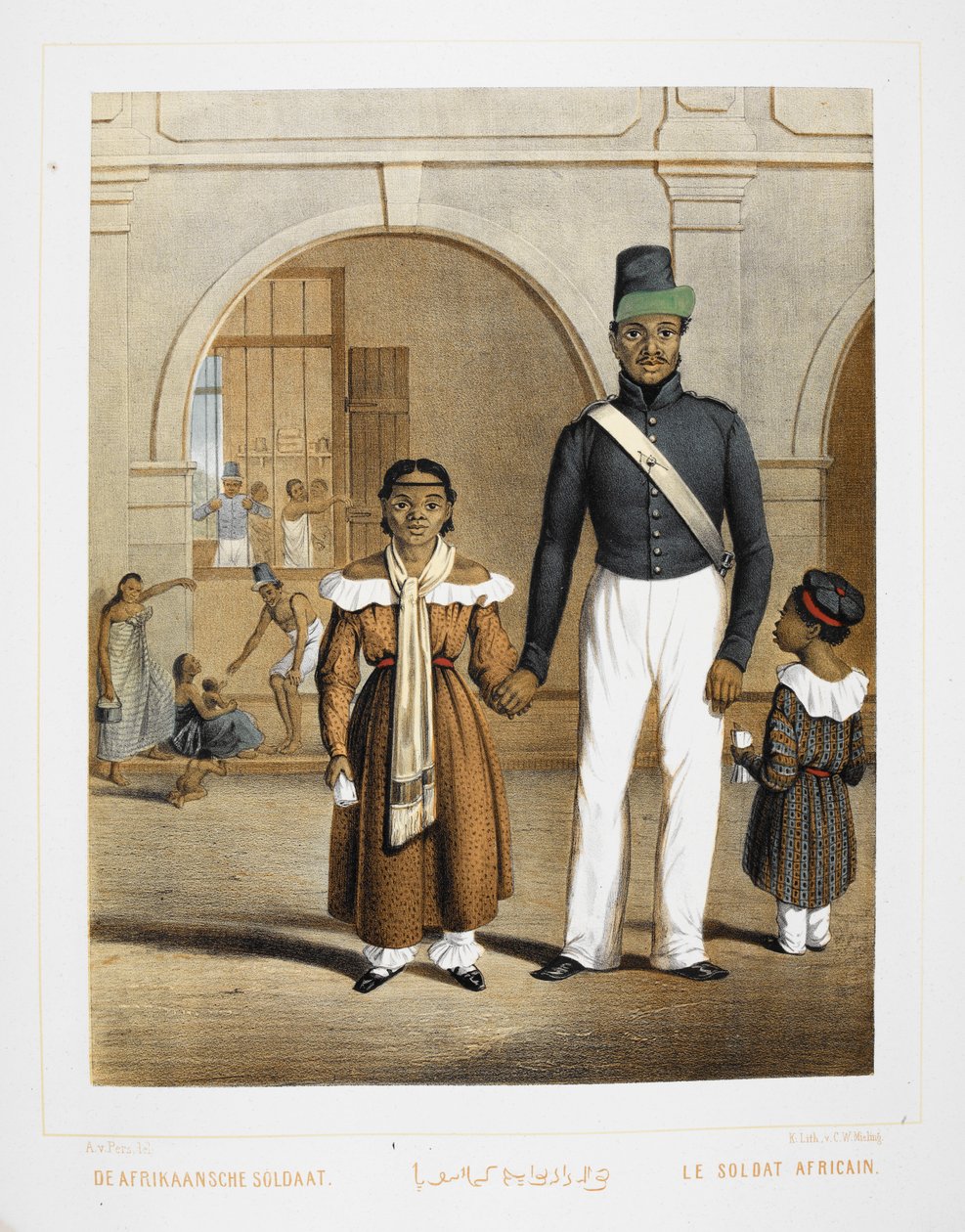 Ailesiyle birlikte bir Afrikalı asker. Endonezya sakinleri. by Unknown artist
