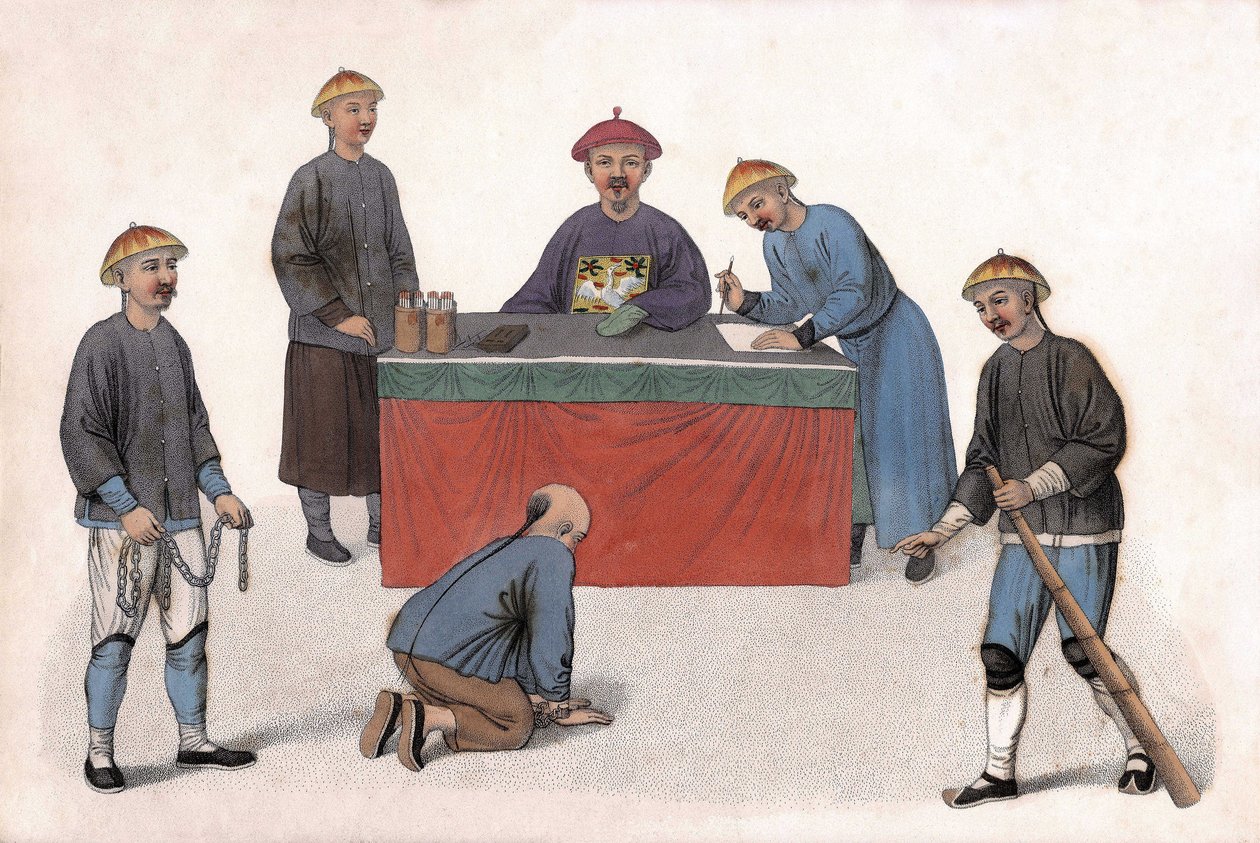 Bir sulh hakimi huzurunda bir sanığa bir katip, bir sekreter ve gardiyanlar yardım etti. “Çinlilerin Cezası”, Londra by Unknown artist
