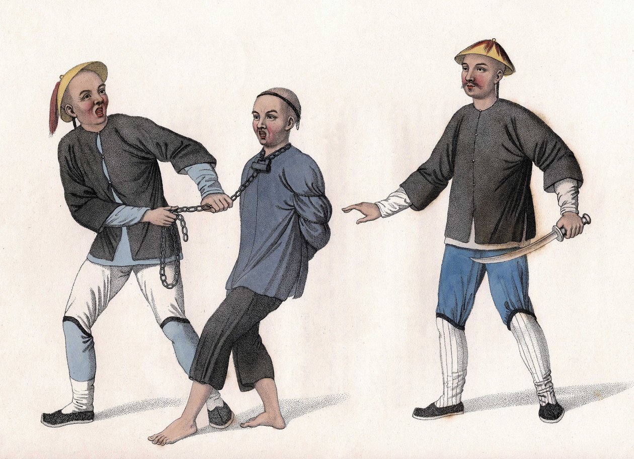 Sanık, boynuna zincirle bağlı olarak cezaevine götürülür. Gravür, “Çinlilerin Cezaları”, Londra by Unknown artist