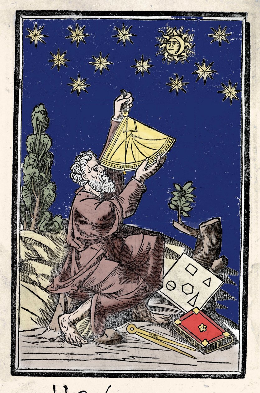 Bir tutulma sırasında sekstant kullanarak hesaplamalar yapan bir astronom. 16. yüzyılın gravürü. by Unknown artist