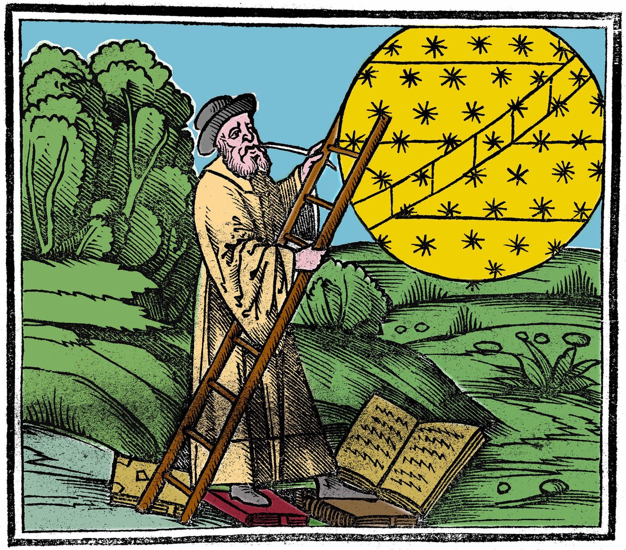 Gökyüzüne tırmanmak için bir merdiven koyan bir astronom. by Unknown artist