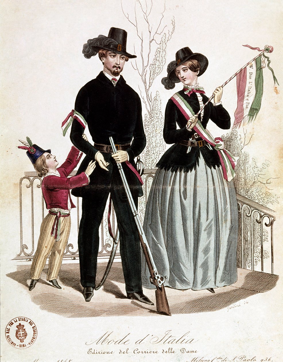 Risorgimento (Litografi) zamanında zarif bir vatansever aile by Unknown artist