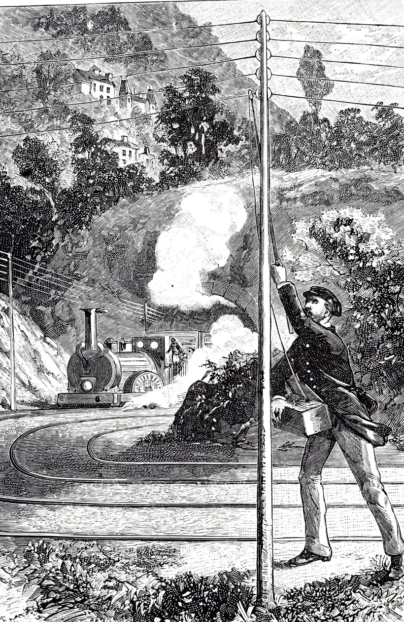 Demiryolu telgrafına acil durum sinyali gönderen bir tren işçisini tasvir eden bir gravür by Unknown artist