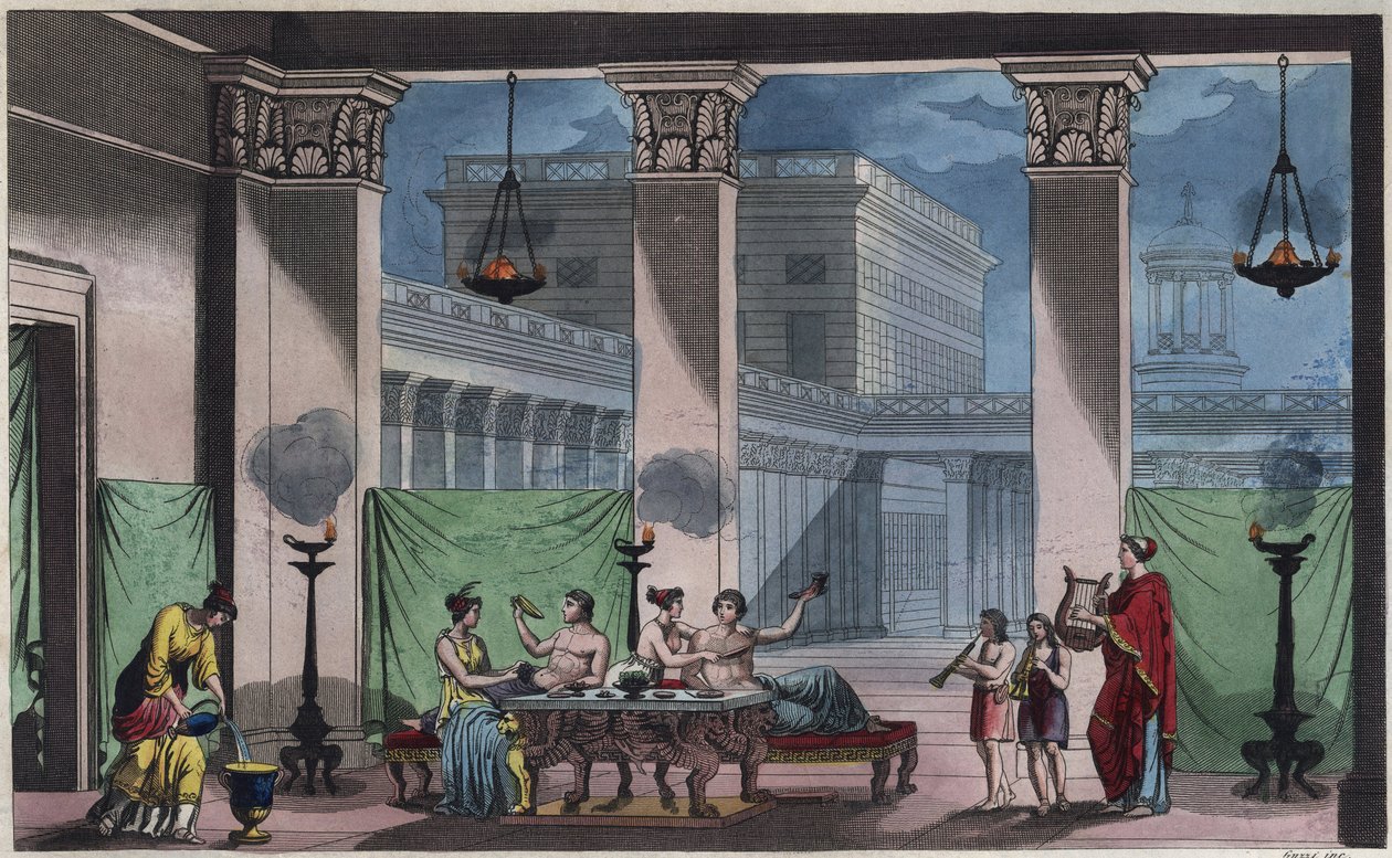 Antik Yunanistan - Triclinium - Evrendeki Tüm Halkların “” Gümrük ve Geleneklerinden gravür. Yani, hükümetin, yasaların, milislerin, en eski zamanlardan günümüze kadar tüm ulusların dininin tarihi "1856 by Unknown artist