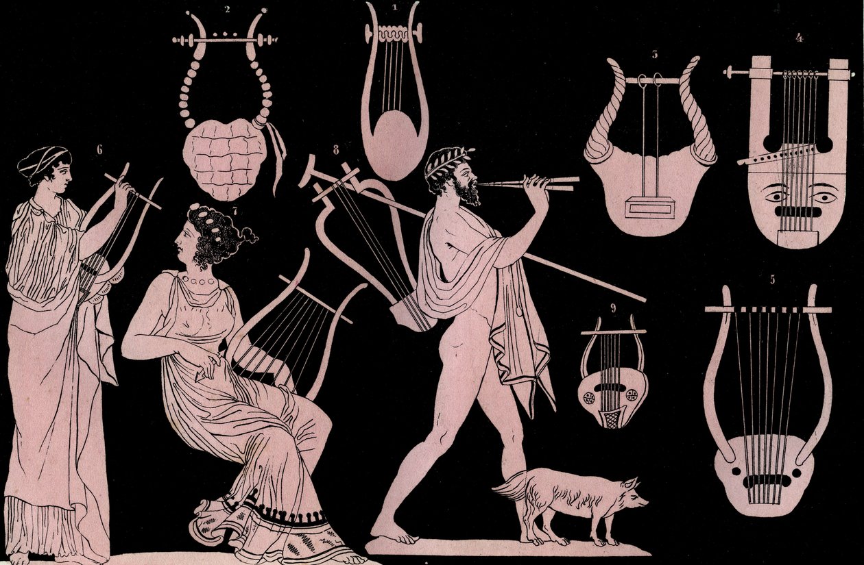 Antik Yunan müzik aleti: Lir ve Cithara (cithara) (kithara) - Evrenin Tüm Halklarının “” Gümrük ve Geleneklerinden gravür. Bu, hükümetin, yasaların, milislerin, en eski zamanlardan bu yana tüm ulusların dininin tarihidir. by Unknown artist