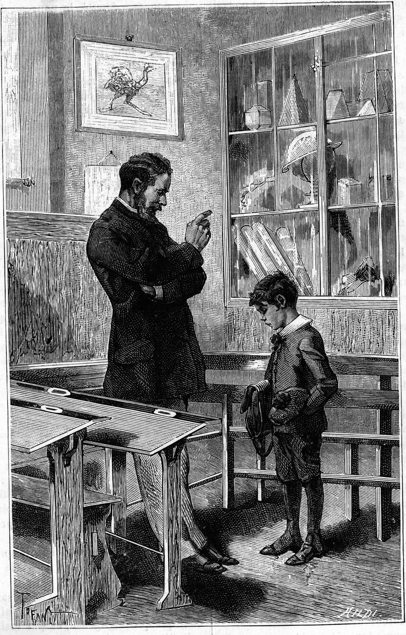 Andre Gaudry, öğretmeni tarafından azarlıyor. “Le dergi de la jeunesse” üzerine gravür by Unknown artist