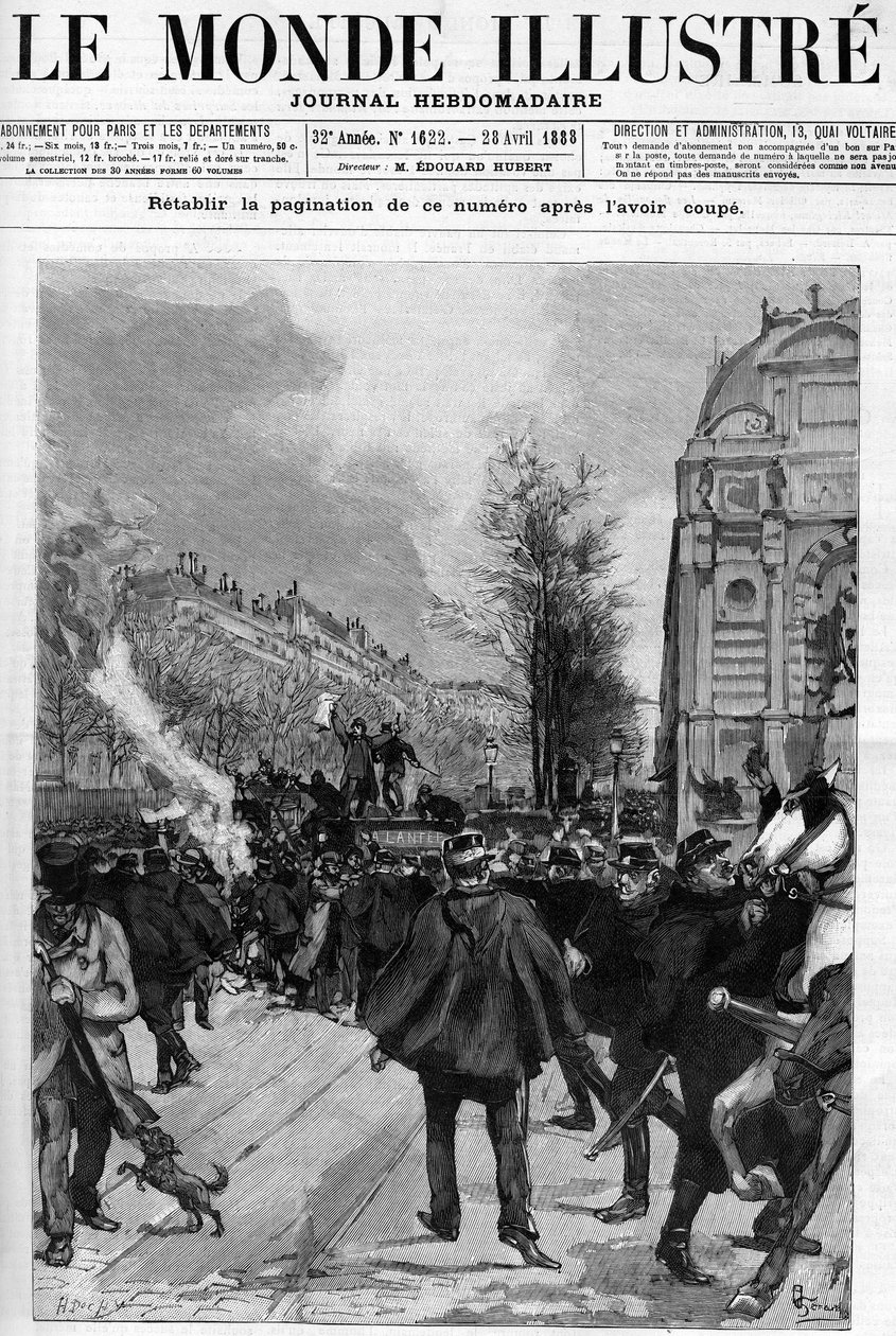 Fırın karşıtı gösteri: “Fener” kopyalarının yakıldığı Saint Michel Meydanı gösterisi. Gerardin, 1888 tarihli “The Illustrous World”ün kapağı için çizim yapıyor. by Unknown artist