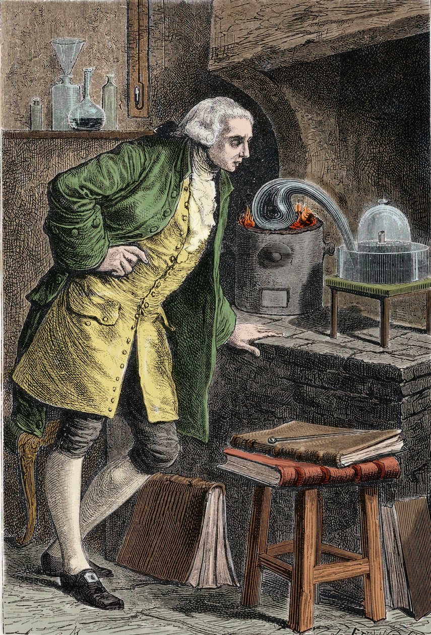 Antoine Laurent Lavoisier (1743-1894) Havadaki oksijenin varlığını araştıran Fransız kimyager: cıva oksit elde ettiği deney - Lavoisier dans son laboratuvar. 19. yüzyılın gravürü. by Unknown artist