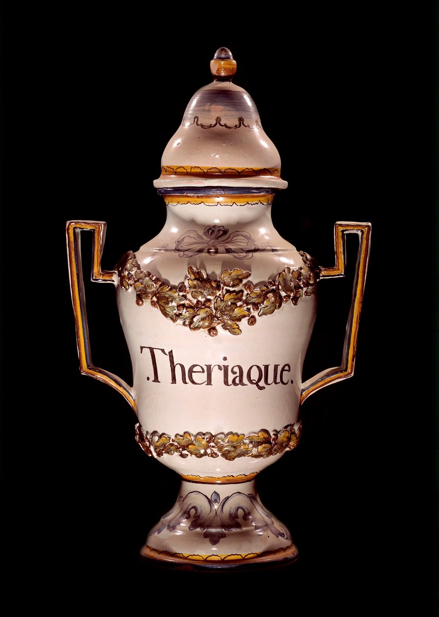 Adını yabani pancar ısırıklarının etkileriyle savaşmaya borçlu olan eski bir ilaç olan theriac içeren eczacı kabı. 17. yüzyıl Macon, Hotel Dieu by Unknown artist