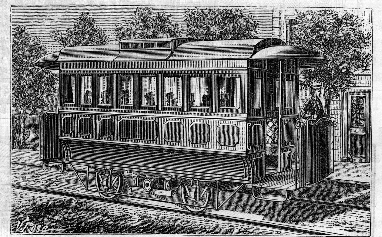 Faure akülerinin uygulanması: Omnibus şirketinin modeli, akülerle çalışan elektrikli tramvay. “” Le Monde Illustré” de gravür by Unknown artist