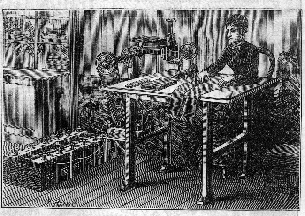 Faure pillerinin uygulanması: akümülatör tarafından çalıştırılan kumaş kesme makinesi. “” Le Monde Illustré” de gravür by Unknown artist