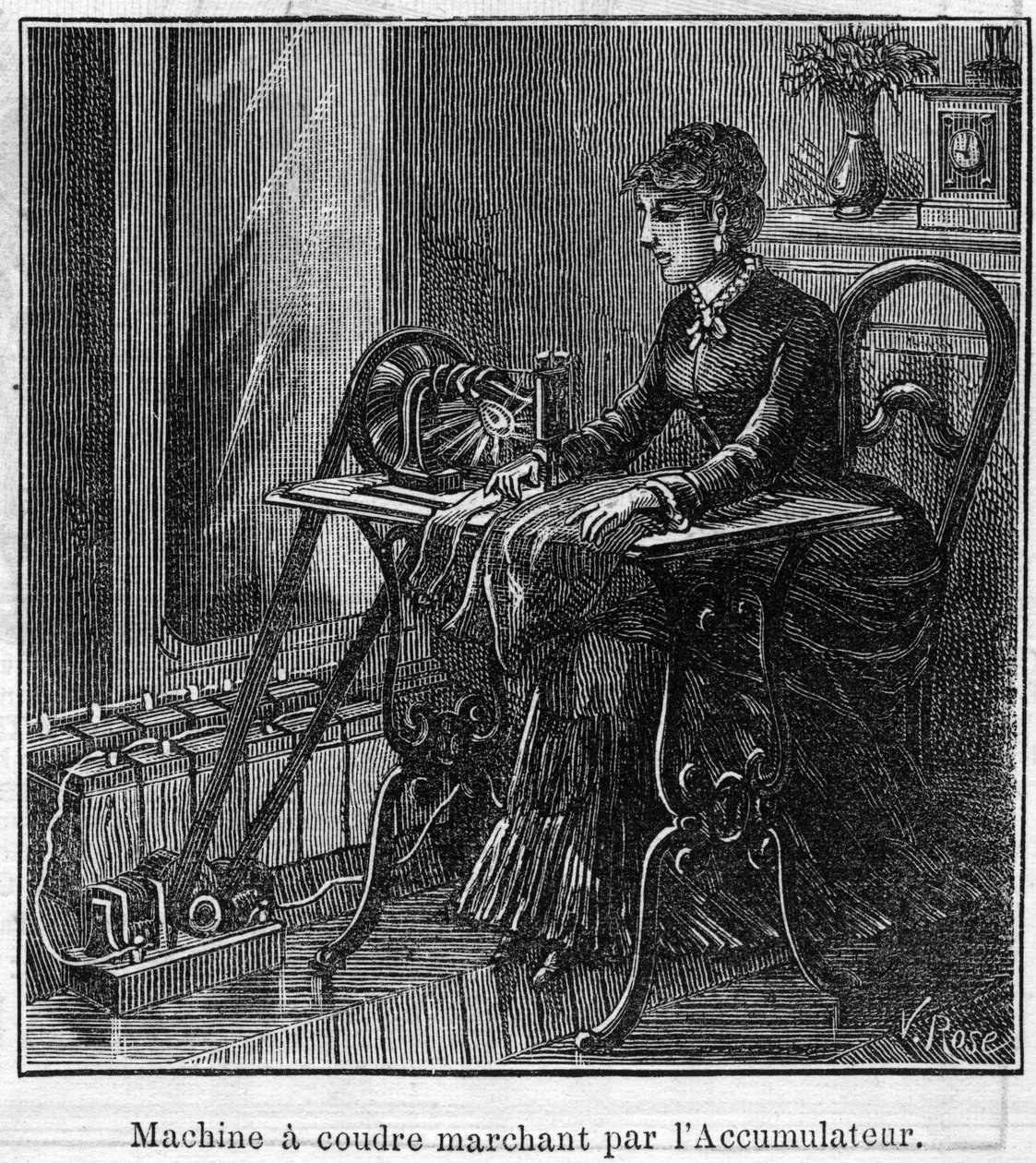 Faure pillerinin uygulanması: akümülatörden geçen elektrikli dikiş makinesi. “” Le Monde Illustré” de gravür by Unknown artist