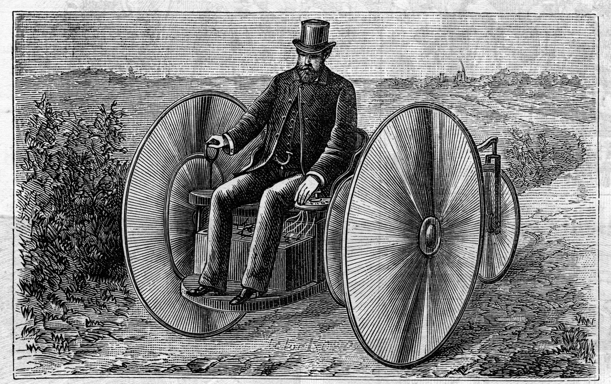 Faure pillerinin uygulanması: akümülatörde hareket eden elektrikli üç tekerlekli bisiklet. “” Le Monde Illustré” de gravür by Unknown artist